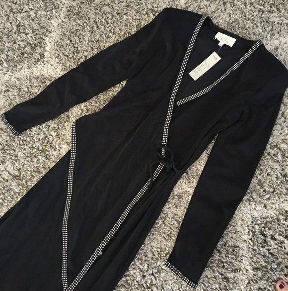 Vintage Cache Black Formal Wrap Dress Sparkle Rhinestone Double Side Slit - Picture 2 of 5